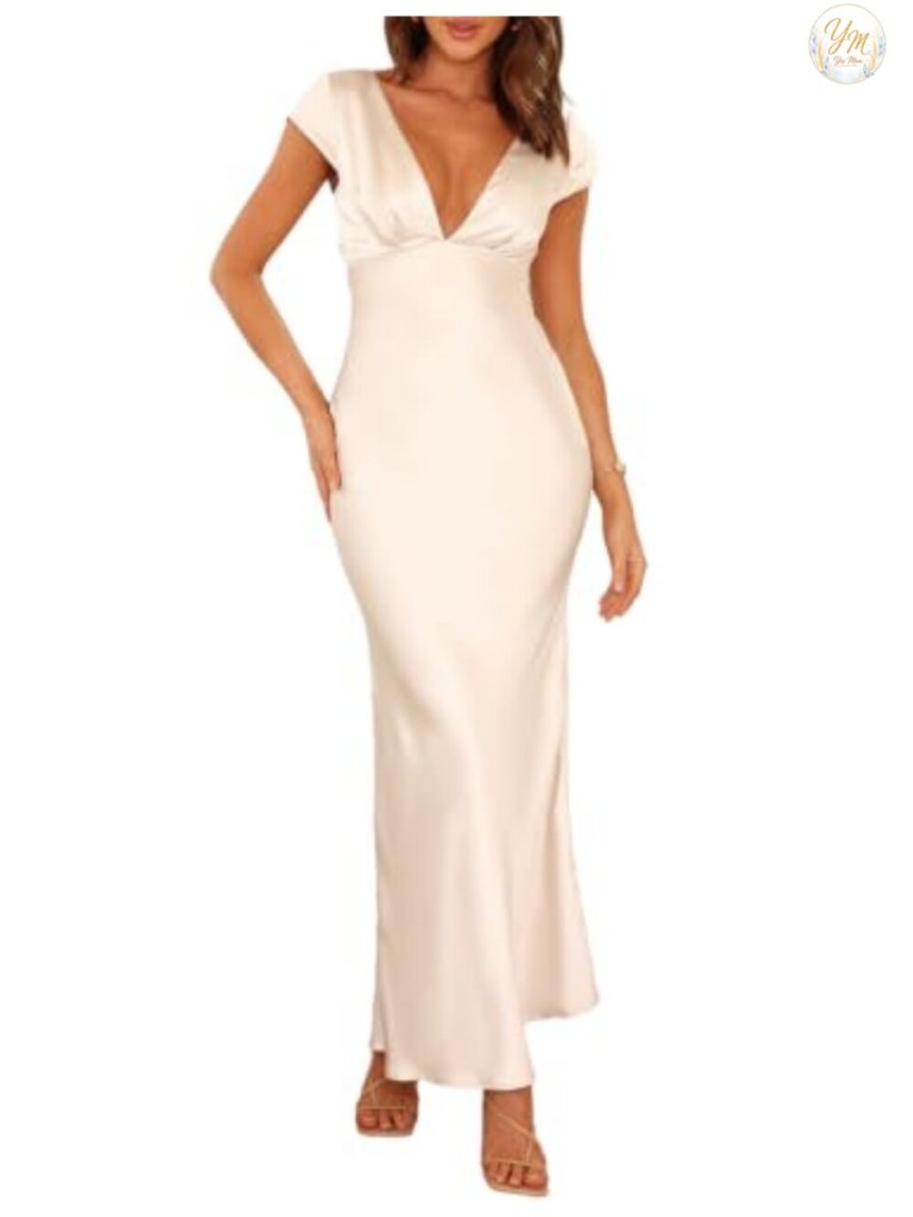 Satin V Neck Cap Sleeve Midi Dress Twist Back Formal Wedding Guest